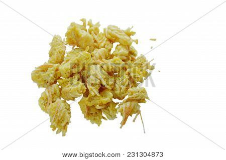 Salty Fried Crispy Shrimp Head With Flour On White Background