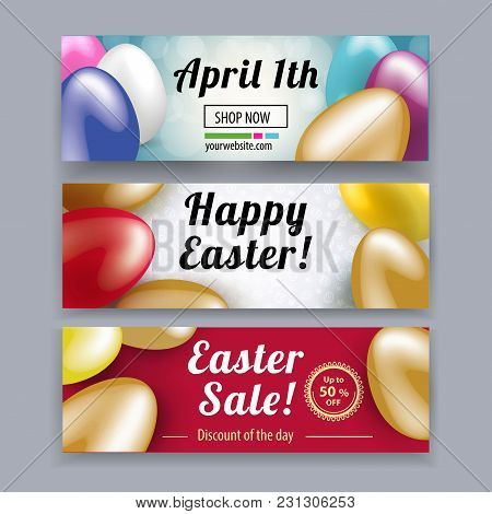 Set Of Easter Banners. Pink Yellow White Easter Eggs On The Red, White, Yellow Backgrounds. Eater Sa
