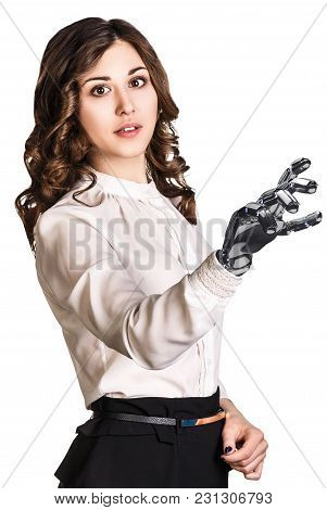 Young Business Woman With Robot Hand. Hand Prosthesis Concept. 3d Rendering