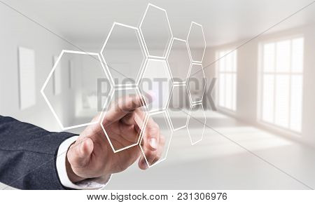 Businessman Hand Touching Digial Simple Lines. Network Connection. Technology Concept.