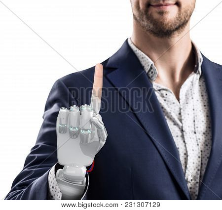Businessman With Robotic Hand. Prosthesis Concept. Bionic Technology Concept. 3d Rendering