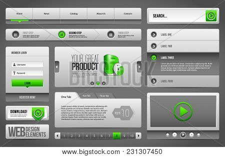 Modern Clean Website Design Elements Grey Green Gray: Icons, Tab, Menu, Navigation Bar, Download, Pa