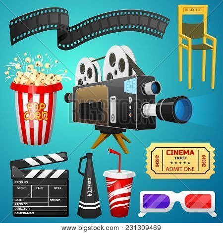 Movie Elements Set. Vintage Cinema, Entertainment And Recreation With Popcorn. Retro Poster Backgrou