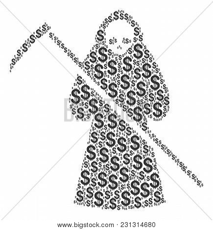 Death Scytheman Mosaic Of Dollars. Vector Dollar Currency Pictograms Are Composed Into Death Scythem
