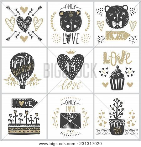 Set With Vector Greeting Cards On Valentine's Day.