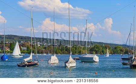 Zurich, Switzerland - 24 April, 2014: Boats On Lake Zurich, View From The City Of Zurich. Lake Zuric