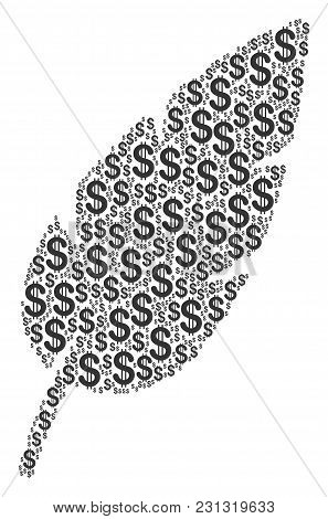 Feather Collage Of Dollar Symbols. Vector Dollar Symbols Are Combined Into Feather Mosaic.