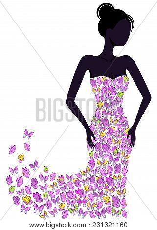 Silhouette Of A Girl In A Butterfly Dress Flying Apart. Eps8.