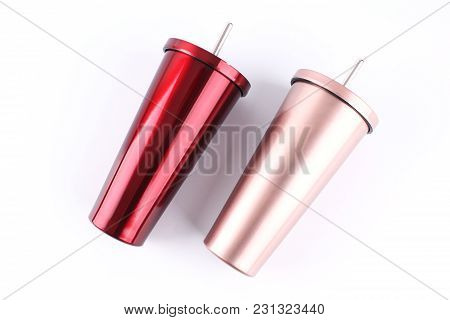 Stainless Steel And Tumbler Cup Isolated On White Background