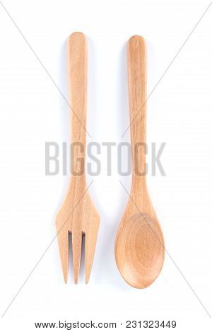Top View Of Wood Spoon Isolated On White Background