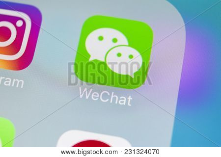 Sankt-petersburg, Russia, March 15, 2018: Wechat Messenger Application Icon On Apple Iphone X Smartp