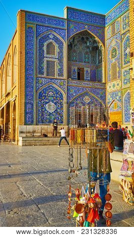 Isfahan, Iran - October 20, 2017: The  Bright Blue Tiled Portal (iwan) Of Sheikh Lotfollah Mosque Be