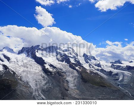 Monte Rosa Massif, Landscapes Of Alpine Mountains Range In Swiss Alps At Switzerland, From Gornergra