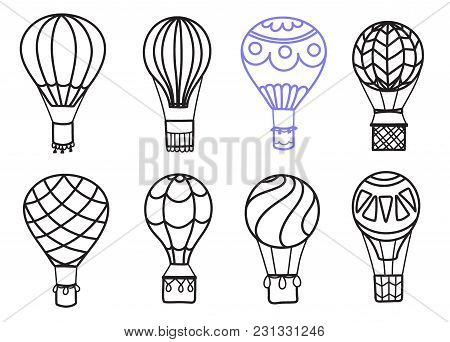 Set Of Vector Illustrations Of Outline Hot Air Balloon On Sky With Clouds And Birds. Collection Of I