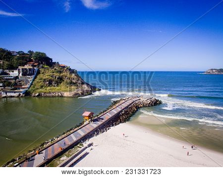 Drone Photo Of Barra Da Tijuca Beach, Rio De Janeiro, Brazil. We Can See The Barra Pier And The Beac