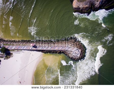 Drone Photo Of Barra Da Tijuca Beach, Rio De Janeiro, Brazil. We Can See The Barra Pier And The Beac