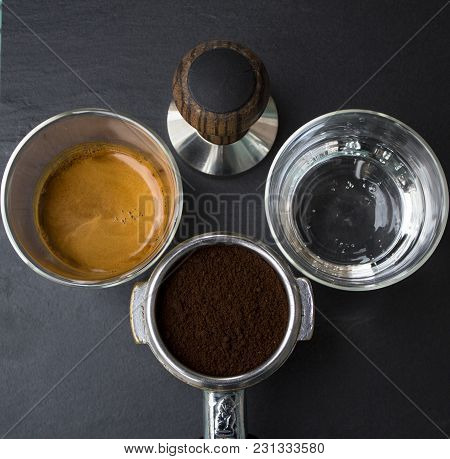 Barista Working Moments, 
Barista Tools On A Stone Table