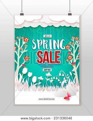Spring Sale Print Poster Design. Flowers, Grass, Clouds And Butterfly Cut Out From White Paper On A 