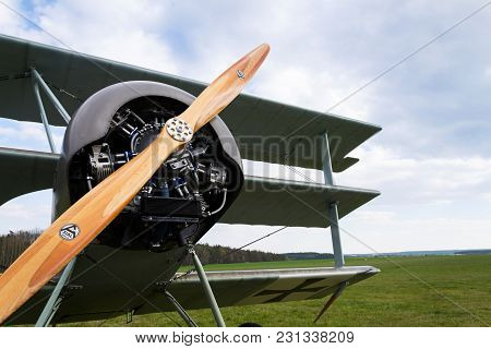 Plasy, Czech Republic - April 30 2017: Fokker Dr.i Dreidecker Triplane Stands On Airport On April 30