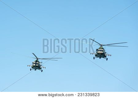 Tyumen, Russia - July 1, 2017: Army Games. Engineering Formula Contest. 2 Military Helicopter Mi-8 I