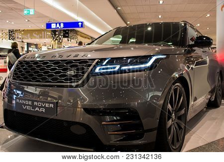 Frankfurt Am Main, Germany - February 27 2018: Land Rover Velar At The Frankfurt International Airpo