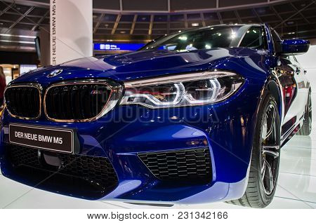 Frankfurt Am Main, Germany - February 27 2018 : Bmw M5 Car For Display At The Airport In Frankfurt A
