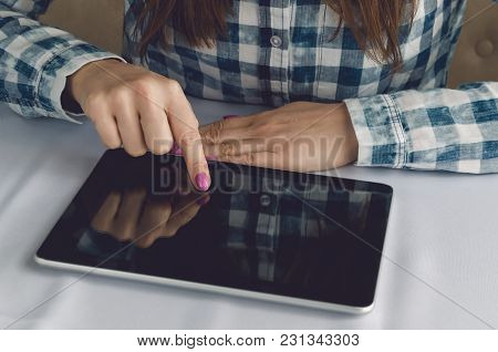Electronic Menu Template. Online Food Order. Tablet Computer With Blank Screen In Female Hands. Stud