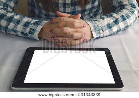 Electronic Menu Template. Online Food Order. Tablet Computer With Blank Screen In Female Hands. Stud