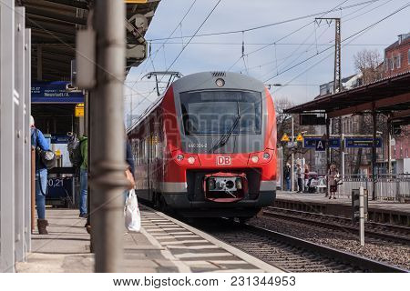 Fuerth / Germany - March 11, 2018: Re Regional Express Train From Deutsche Bahn Passes Train Station