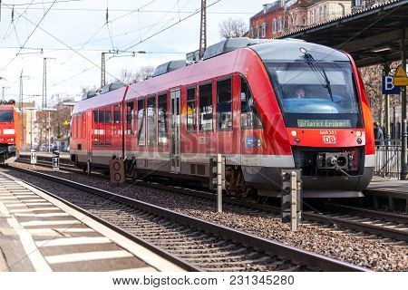Fuerth / Germany - March 11, 2018: Re Regional Express Train From Deutsche Bahn Passes Train Station