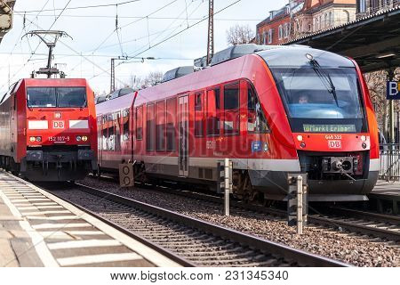 Fuerth / Germany - March 11, 2018: Re Regional Express Train From Deutsche Bahn Passes Train Station