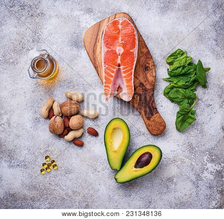 Selection Of Healthy Fat And Omega 3 Sources. Pruducts And Fish Oil Capules. Top View
