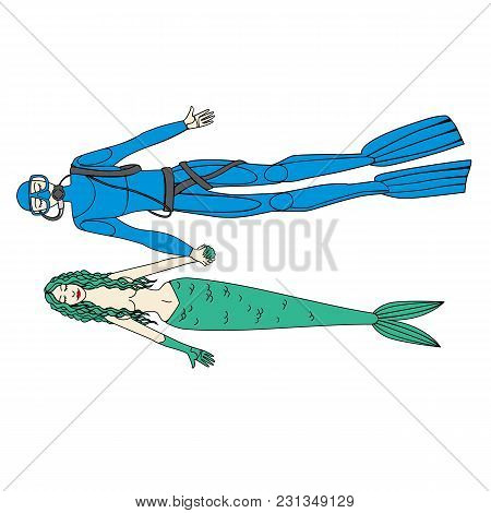 Vector Image Of A Mermaid And The Diver Holding Hands
