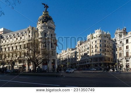 Madrid, Spain - January 21, 2018: Metropolis Building (edificio Metropolis ) At Alcala And Gran Via 