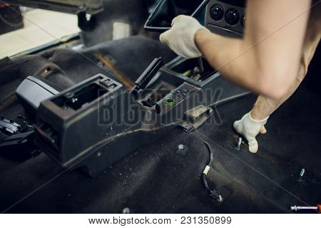 Close Up Part Of A Car Automatic Gear Lever, Gear Shift, Dismantling For Maintenance In Garage Mecan