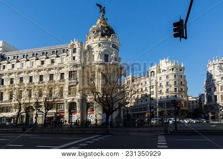 Madrid, Spain - January 21, 2018: Metropolis Building (edificio Metropolis) At Alcala And Gran Via S