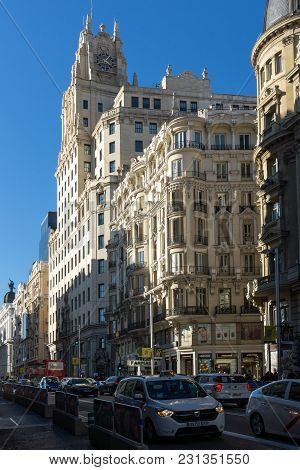 Madrid, Spain - January 21, 2018: Telefonica Building (edificio Telefonica) At Gran Vía Street In Ci