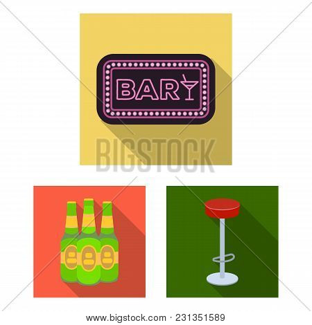 Pub, Interior And Equipment Flat Icons In Set Collection For Design. Alcohol And Food Vector Symbol 