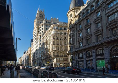 Madrid, Spain - January 21, 2018: Telefonica Building (edificio Telefonica) At Gran Vía Street In Ci