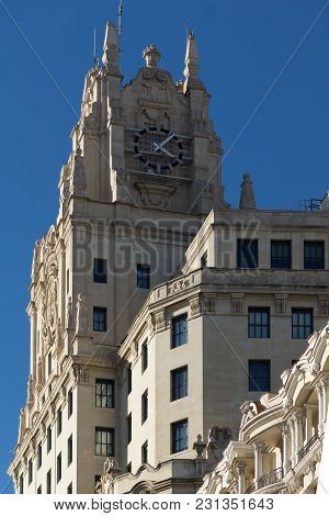 Madrid, Spain - January 21, 2018: Telefonica Building (edificio Telefonica) At Gran Vía Street In Ci