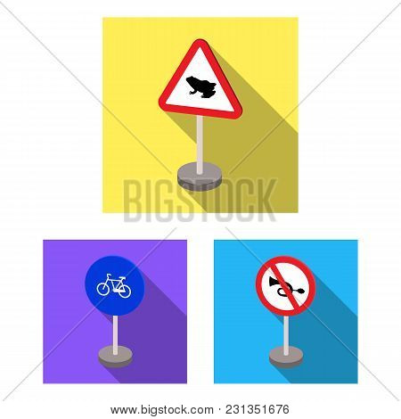 Different Types Of Road Signs Flat Icons In Set Collection For Design. Warning And Prohibition Signs