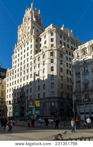 Madrid, Spain - January 21, 2018: Telefonica Building (edificio Telefonica) At Gran Vía Street In Ci