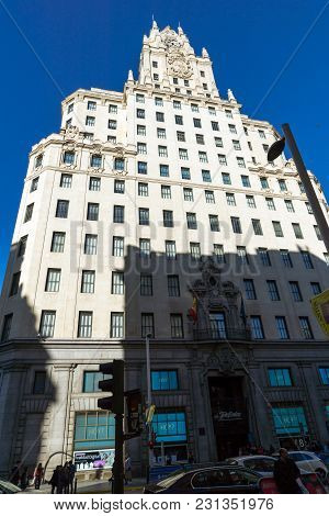 Madrid, Spain - January 21, 2018: Telefonica Building (edificio Telefonica) At Gran Vía Street In Ci