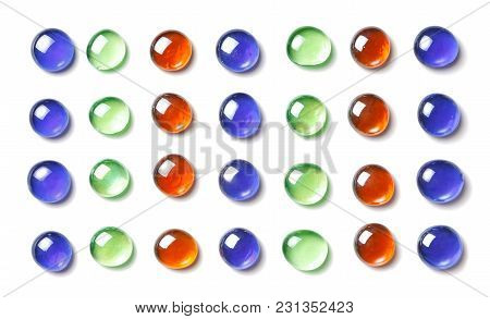 Pattern Of Red, Green And Bluel, Shiny Glass Beads. Isolated On White. Spa Background, Texture. Flat