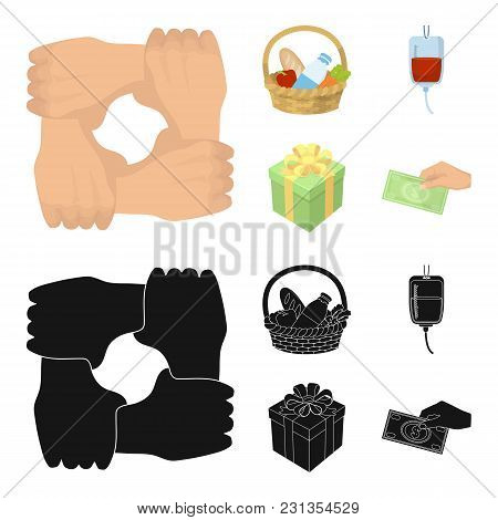 Gesture Of The Hands In Support, A Basket With Food For Charity, Donor Blood, A Gift Donation Box. C