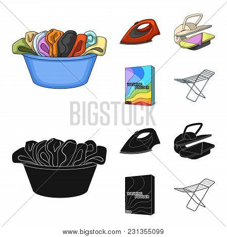 A Bowl With Laundry, Iron, Ironing Press, Washing Powder. Dry Cleaning Set Collection Icons In Carto