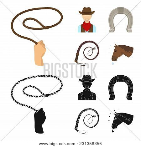 Hand Lasso, Cowboy, Horseshoe, Whip. Rodeo Set Collection Icons In Cartoon, Black Style Vector Symbo