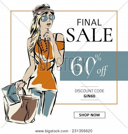Fashion Summer Sale Banner With Woman Fashion Silhouette, Online Shopping Social Media Ads Web Templ