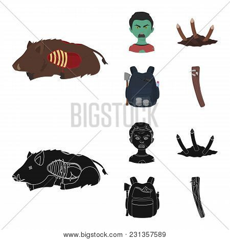 Zombies And Attributes Cartoon, Black Icons In Set Collection For Design. Dead Man Vector Symbol Sto