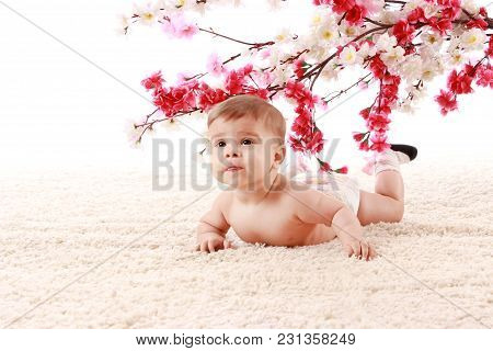 Happy Smiling The Baby Is Lying On Her Stomach On The Carpet In The Room And Smiling Under The Branc